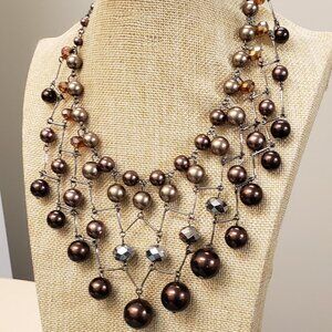 Erika Lyons NWOT Gold silver bronze multi layer beaded bib statement necklace